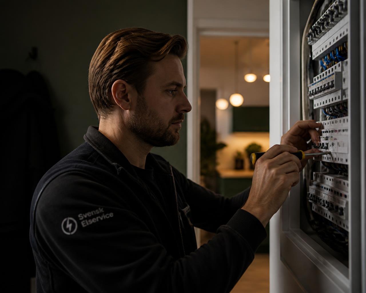 Elektriker från Grön Elservice arbetar i en elcentral i ett hem